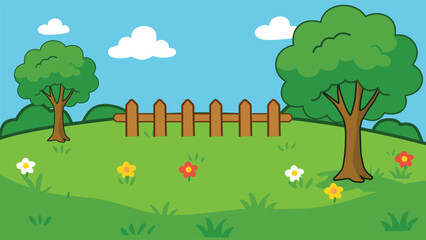 Vector Illustration of a Sunny Outdoor Scene with a Rustic Wooden Fence, Green Hills, with Colorful Flowers and Shaded by Two  Trees Under a Cheerful Blue Sky with Scattered Clouds