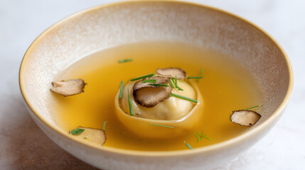 Exquisite Delicate Ravioli Filled with Foie Gras, Floating in Savory Broth with Garnishes of Truffle and Herbs