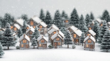 Fototapeta premium Winter Village Scene Cozy Snow Covered Houses and Snowy Evergreen Trees