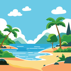 Vibrant Vector Illustration of a Tropical Beach Paradise Scene with Palm Trees, Sandy Shores, Turquoise Ocean Waves, Distant Mountains, and Fluffy Clouds Under a Bright Blue Sky