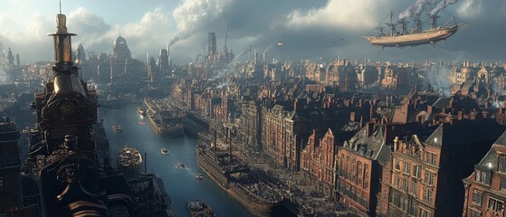 bustling steampunk city where brass automata roam the streets, and airships dock on massive floating platforms, Generative AI