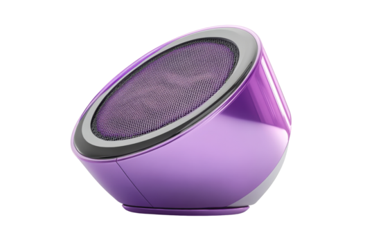 Purple speaker tilted against black background, cut out transparent