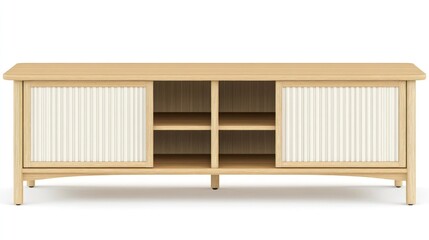 Light-colored wooden TV stand with sliding doors.  Features a simple, modern design with recessed shelves