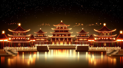 stunning night scene featuring traditional Asian architecture illuminated by warm lights, reflecting beautifully on water. serene atmosphere evokes sense of peace and wonder