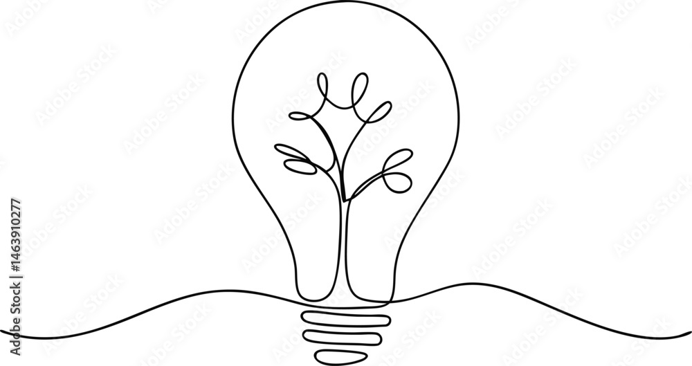 Poster continuous one line drawing of a light bulb with a tree inside, symbolizing eco-friendly and creativ