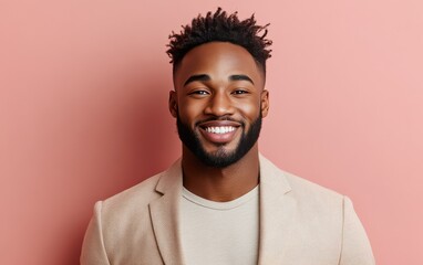 Fototapeta premium young vogue confident smiling man with short hair, wearing a light solid color blazer, standing against color background