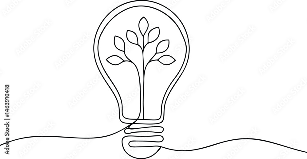 Poster continuous one line drawing of a light bulb with a tree inside, symbolizing eco-friendly and creativ