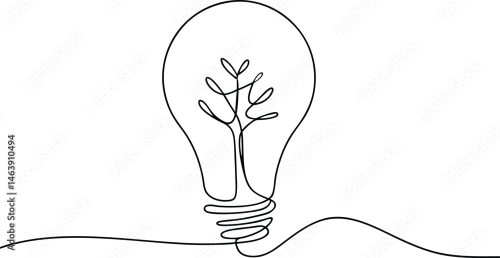 Poster continuous one line drawing of a light bulb with a tree inside, symbolizing eco-friendly and creativ