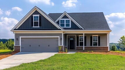 Fototapeta premium House with Gray Siding and Green Lawn