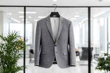 A gray textured suit jacket hangs on a black hanger against a modern office backdrop