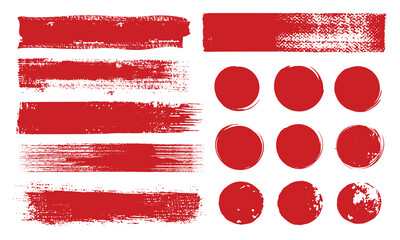 Straight red ink vector lines pack. Bloody color long and round hand-drawn brushstroke text highlights, frames, circles. Asian calligraphy brushstroke set collection. Rough grunge abstract scribbles