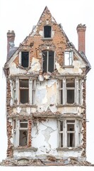 Derelict Brick House Facade Against White Background