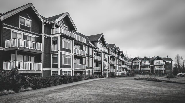 Modern Apartments, Cloudy Day, Green Lawn, Residential Complex, Real Estate