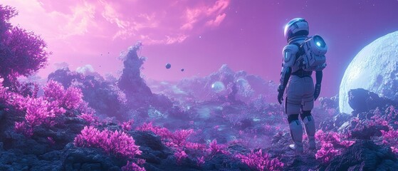 dramatic alien jungle where glowing plants tower over explorers navigating the mysterious terrain under a violet sky, Generative AI