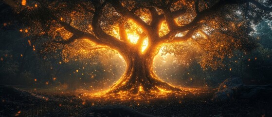 magical glowing tree in the heart of an enchanted forest with roots spreading light across the ground, Generative AI