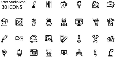Set of 30 Artist Studio Icons. Vector Illustrations for Creative and Art Design.