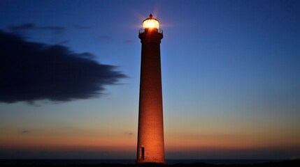Illuminated Lighthouse Tower at Sunset Coastal Scene
