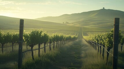 Serene Vineyard at Sunrise Rows of Grapevines and Rolling Hills