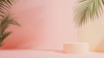 serene and minimalistic scene featuring soft pink background, complemented by lush green palm leaves and circular pedestal. This tranquil setting evokes sense of calm and creativity, perfect