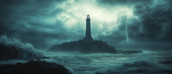 Fototapeta premium dramatic stormy sea with a lighthouse standing resolutely as waves crash against its base and thunder rumbles, Generative AI