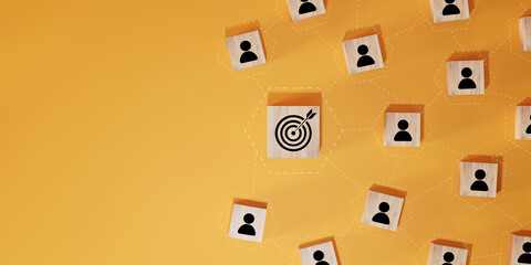 Red dartboard and red arrow connection linkage with human icon for customer focus target group and...