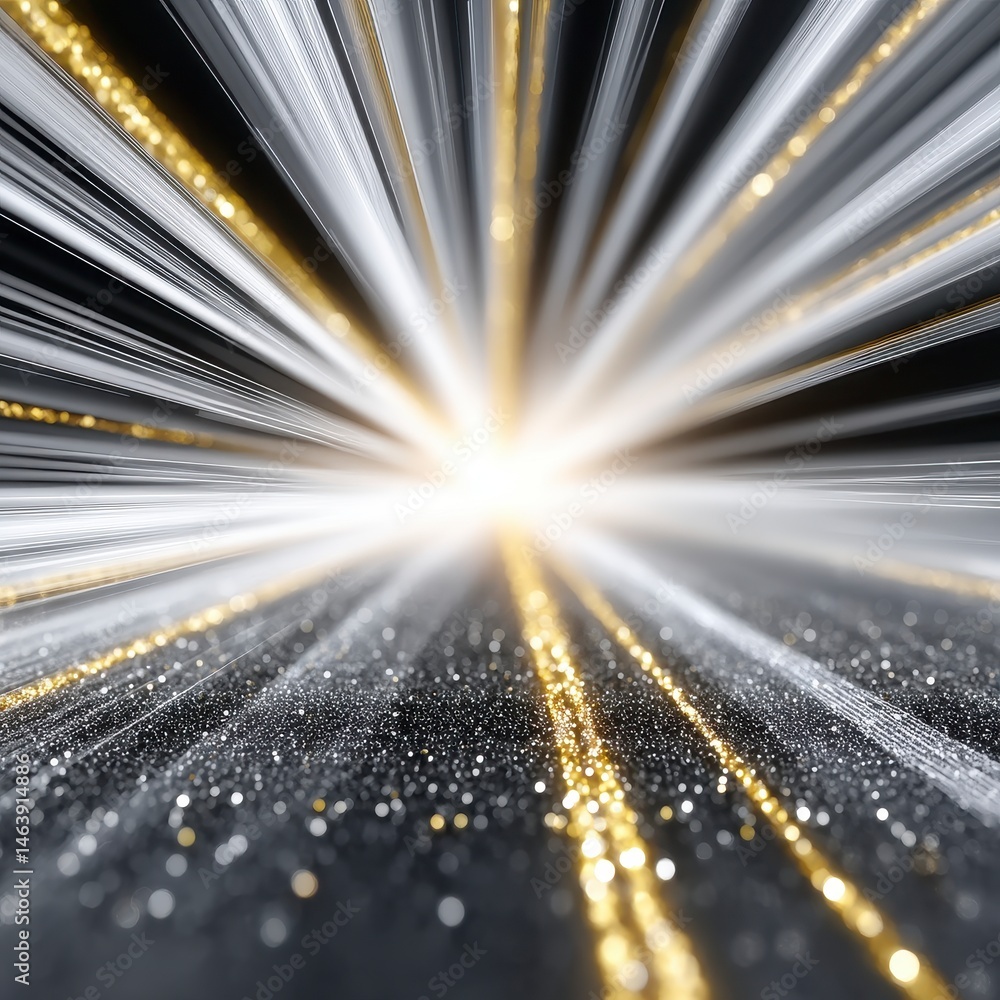 Poster vivid light burst with shimmering particles and rays of illumination.
