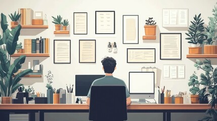 Person Working at Desk with Computer and Plants