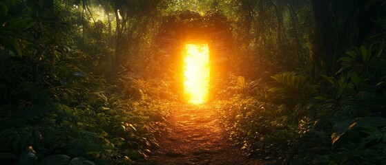 dramatic jungle expedition where explorers discover a hidden temple glowing with mystical energy, Generative AI