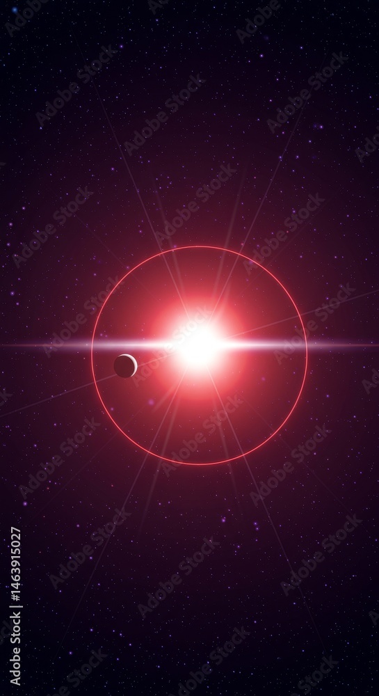 Poster glowing red star with orbiting planet in deep space