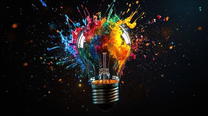 Colorful explosion from a light bulb against a dark backdrop