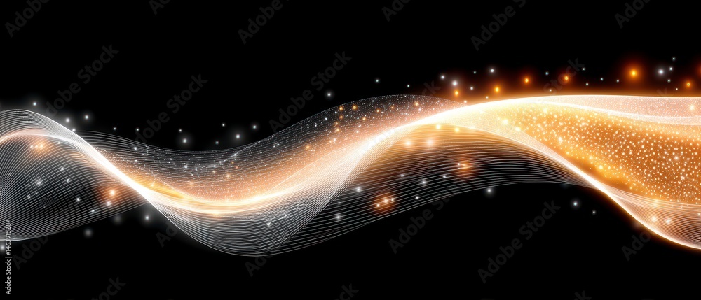 Poster abstract glowing wave with sparkling particles on a dark background.