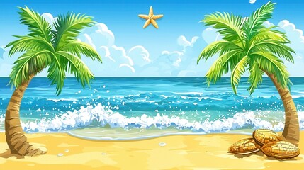 Obraz premium Tropical Beach Scene Palm Trees Ocean Waves and Seashells