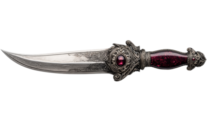 Ornate silver dagger with gem, jewel encrusted handle, cut out transparent