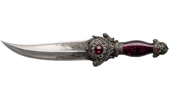 Ornate silver dagger with gem, jewel encrusted handle, cut out transparent