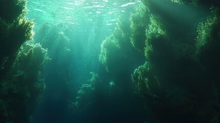 Fototapeta premium Underwater Scene Sunbeams Illuminate Lush Aquatic Plants