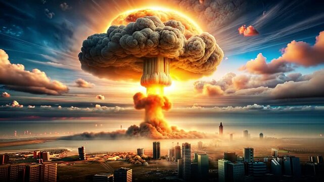 Nuclear Explosion Mushroom Cloud Over Modern City at Sunrise in Dramatic Digital Art