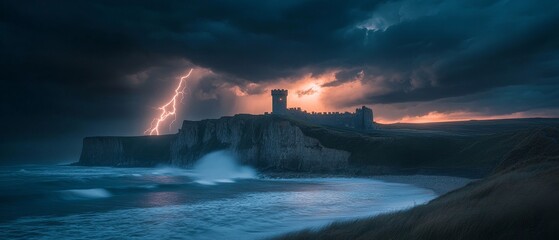 dramatic thunderstorm over a castle where lightning strikes illuminate the battlements, and waves crash against the cliffs, Generative AI