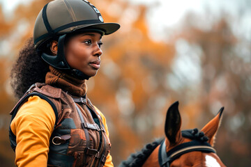 Young black woman jockey in riding jacket gracefully sitting on horse preparing for race on autumn day