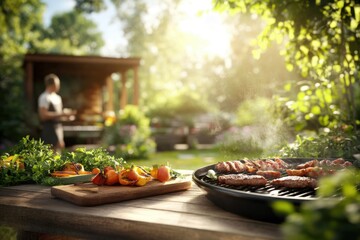 Backyard barbecue with meat and vegetables on the grill for summer events, food blogging, and recipe sharing.