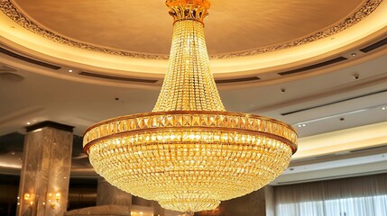 Golden art deco inspired chandelier upscale hotel lobby soft lighting cinematic glamour