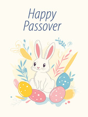 Cute Passover Greeting Card with White Bunny, Colorful Eggs, and Floral Elements – Light Beige Background
