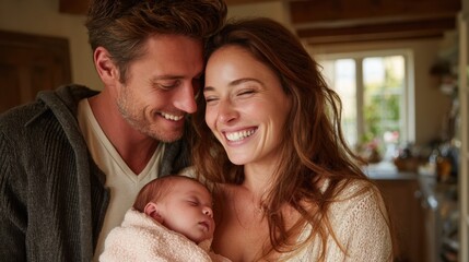 A tender family moment with a mother, father, and their newborn baby, radiating joy and happiness in their home.