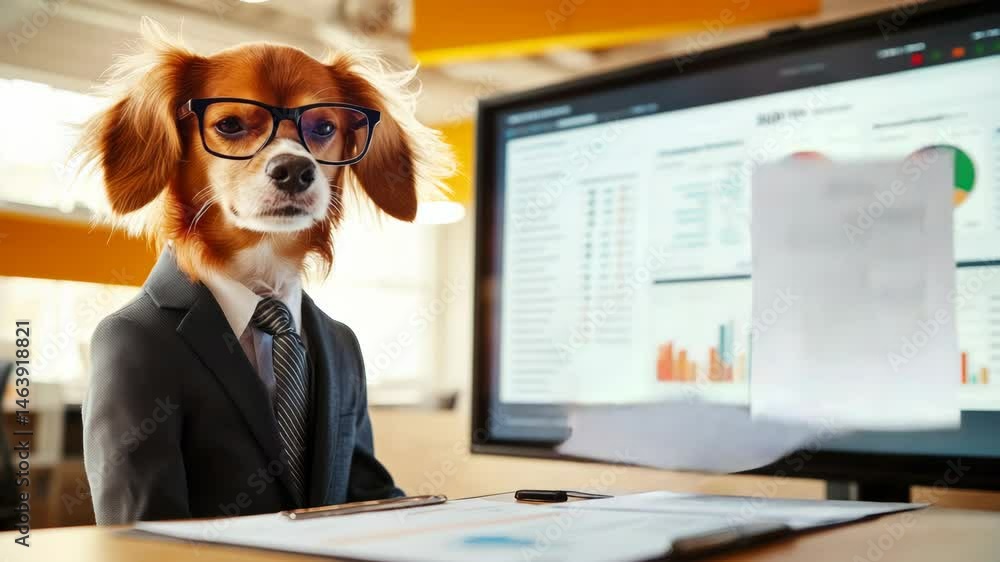 Poster dog wearing glasses and a suit is sitting in front of a computer monitor. the dog is looking at the 