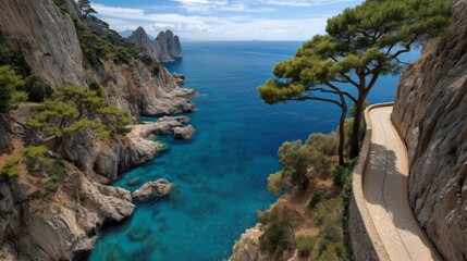 Capri Coastline Road: A scenic coastal road winds along dramatic cliffs overlooking the azure Mediterranean Sea, with lush greenery and a solitary pine tree adding to the breathtaking vista. 