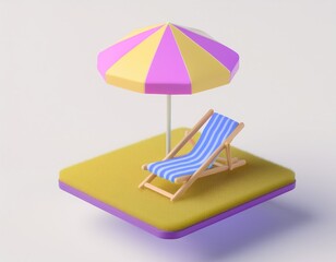 3D beach chair and umbrella await under the summer sun