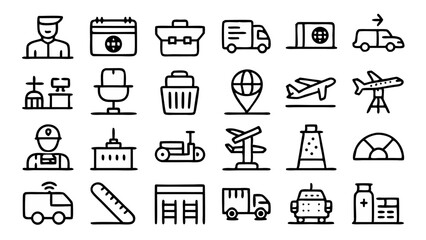 Airport ground support transport line icon set - vector pictograms illustrating the critical functions of ground support transport, including passenger and cargo services at airports.