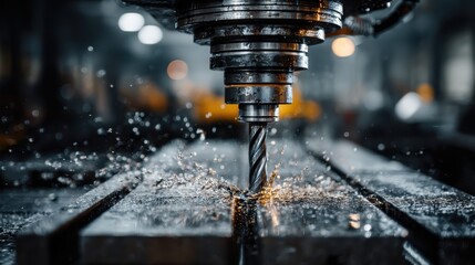 Close-up of a CNC machine drilling metal in a factory setting, highlighting precision and advanced manufacturing technology.