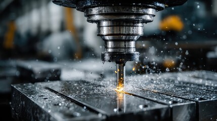 A CNC machine at work in a metal factory, drilling a metal workpiece with laser-focus and efficiency.