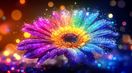 flower illustration with rainbow colors and sparkling effects, creating magical and enchanting atmosphere. background features blend of colorful bokeh lights