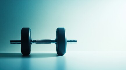 A single dumbbell sits on a light-blue surface, against a gradient backdrop  The dumbbell is black and gray, with round weights and a metal bar